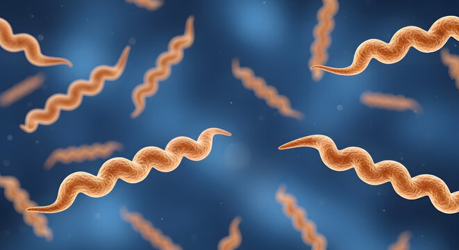 Orange spiral bacteria or spirochetes floating in a dark blue background microbe microorganism