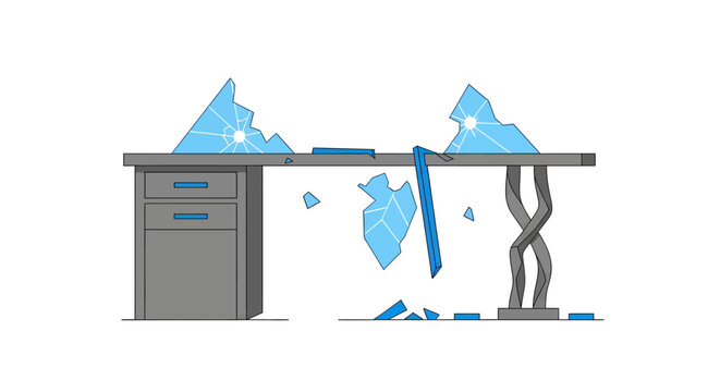A broken glass desk with shattered blue pieces and a drawer unit, depicting damage to office furniture.