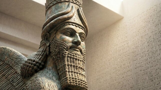 Lamassu statue in a chamber with cuneiform walls
