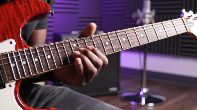 Close-up shot of a guitar player's hands playing musical notes on the fretboard with a red electric guitar.