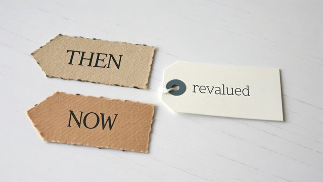 Then and Now Concept with Revalued Tag Representing Change, Growth, and Transition in Personal or Professional Life Journey
