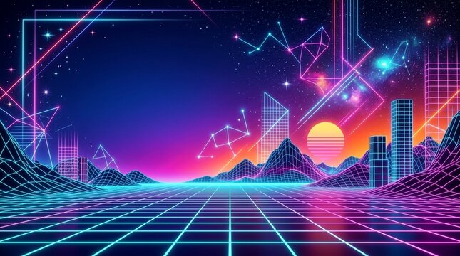 Retro futuristic synthwave landscape with neon grid, mountains, and cityscape under starry sky