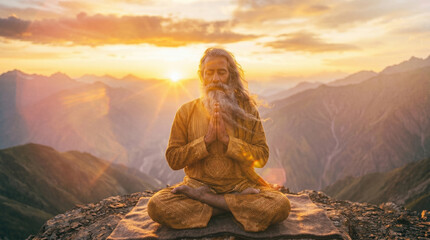 Fototapeta premium Spiritual teacher praying on mountain, sunrise wellness journey