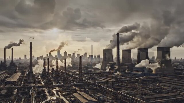 A polluted industrial area with smokestacks emitting smoke under a cloudy sky
