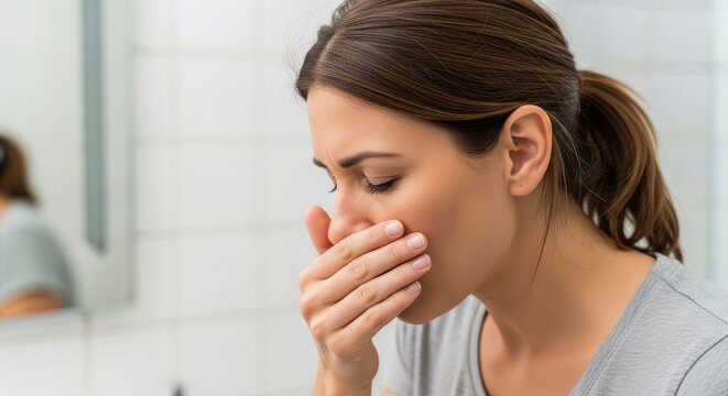 Young woman feeling nauseous and covering her mouth in a bathroom, experiencing morning sickness or stomach illness.