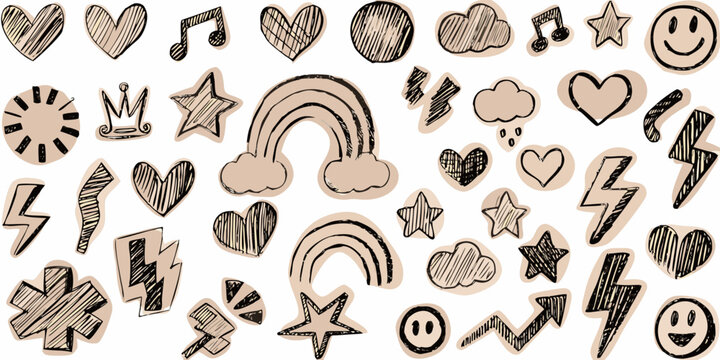 hand drawn doodle elements on white background sketch art icons symbols heart