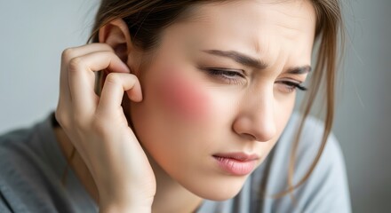 Fototapeta premium Young woman suffering from earache and facial skin irritation with visible redness on cheek