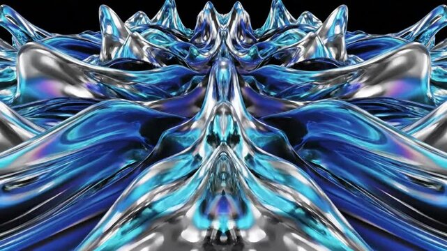 Abstract shimmering fluid shape with iridescent chrome reflection morphing in slow motion against a black background
