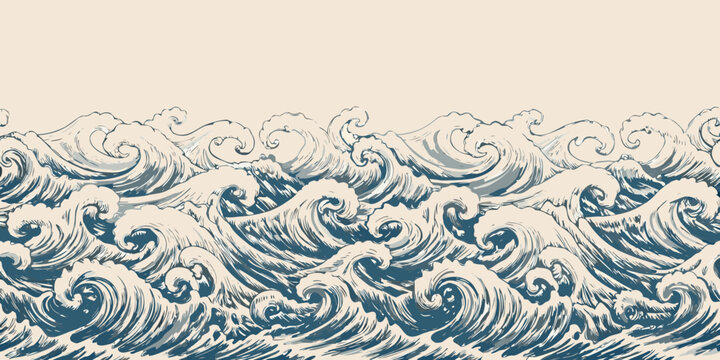 ocean waves illustration in retro vintage style nautical sea water pattern design
