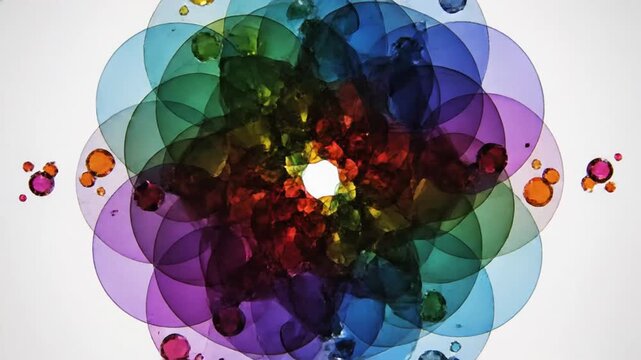 Circular pattern of overlapping colorful translucent petals.