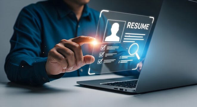 Person touching digital resume screen with magnifying glass and checklist hand