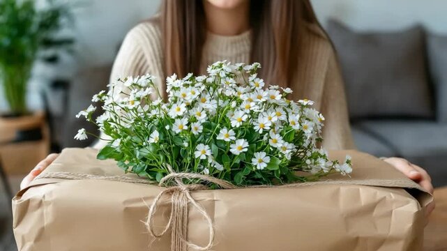 selective focus eco friendly bouquet wrapping with twine and natural textures