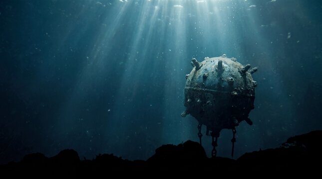 Dangerous underwater explosive device floating in the dark sea