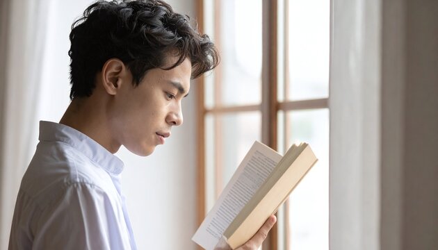 A peaceful young Asian man thoughtfully reads a book near a bright window. This serene lifestyle portrait represents learning, quiet relaxation, and mindful selfimprovement.