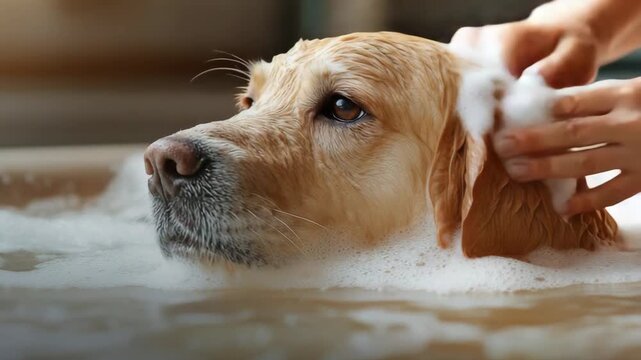 selective focus close up pet groomer washing golden retriever in luxury spa bath