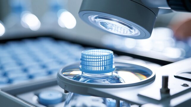 Closeup of a plastic bottle neck examined under a magnifying lamp on a quality control desk with highkey lighting emphasizing texture and material details
