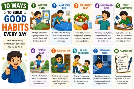 Educational infographic poster with 10 ways to build good habits every day, colorful routine chart for kids, self-improvement guide for children