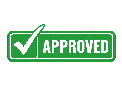 Green rectangular stamp with checkmark and approved text for control and verification on a clean neutral background surface isolated on a transparent background