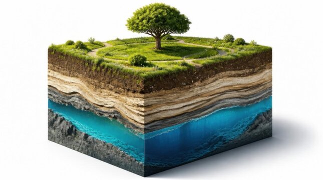 3D cross section of soil layers and groundwater aquifer with a green tree on top.