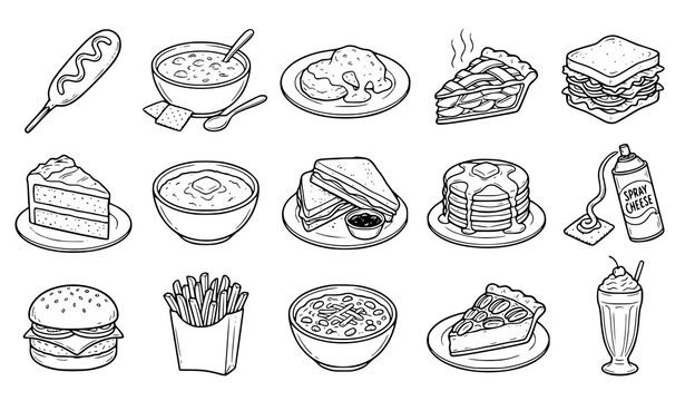 Fast Food and Restaurant Menu Sketch Icons Vector Bundle Collection