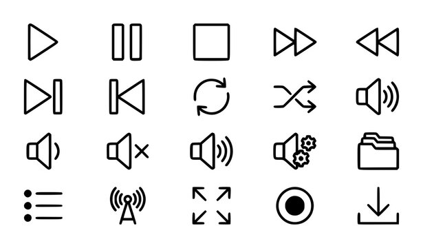 Digital Playback Icon Set with Play Pause Volume Mute and Media Controls