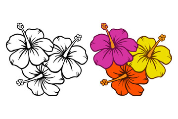 Logo vacaciones en Hawái. Dibujo sencillo de grupos de 3 flores de hibisco: uno con líneas y otro con líneas y relleno de color  © teracreonte