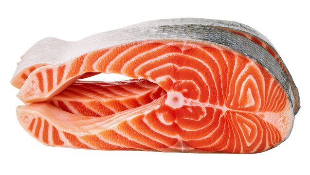 Fresh salmon steak with skin and orange flesh