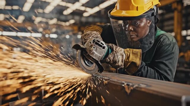 A worker in a warehouse uses a power tool to cut a metal beam while wearing protective gear.