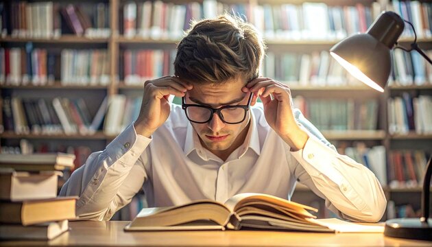 Focused young man in glasses studying intensely at a library desk, holding his head in concentration over an open book under a warm lamp. Ideal for education and mental fatigue concepts.