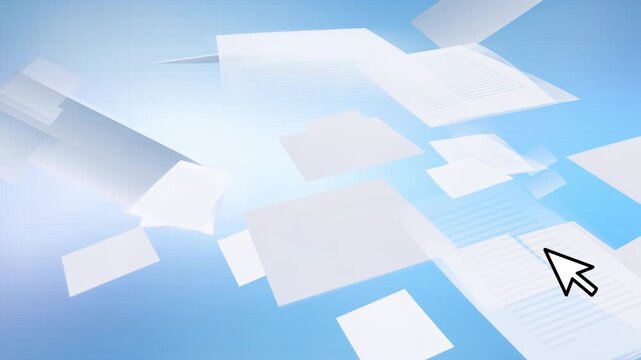 White paper sheets drifting across a bright blue abstract background