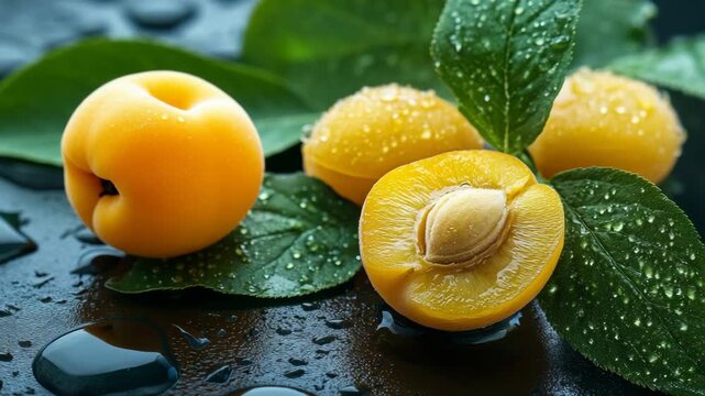 selective focus close up juicy ripe apricots with soft golden skin