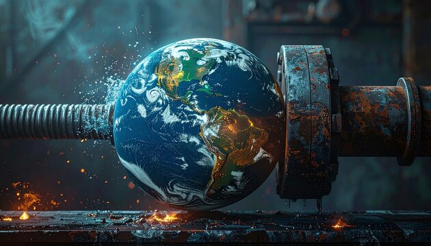 This dramatic conceptual image shows planet Earth being squeezed in a heavy industrial vise, symbolizing climate change, environmental pressure, and the global ecological crisis.
