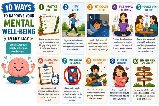 Mental well-being infographic with 10 ways to improve daily health, self-care tips for mental health, psychological wellness guide with illustrations