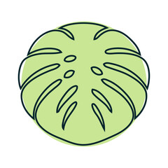 Logo paraíso tropical. Dibujo minimalista con líneas de una hoja de planta tropical monstera por encima de un círculo de color verde  © teracreonte