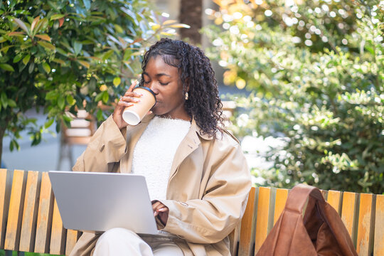 Relaxed carefree african american woman freelancer drinking coffee while comfortably works on laptop sitting in park, positive black female enjoying beverage while finishing work tasks on computer