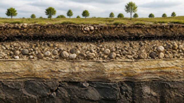 Cross section diagram of soil layers and geological strata under a green field.
