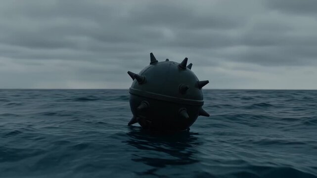 Spiked naval mine floating in ocean as large tanker ship approaches in background. Static shot revealing maritime hazard.