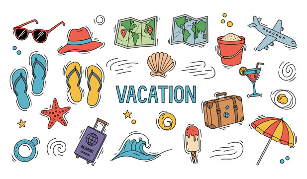 Travel and beach icons arranged on white background