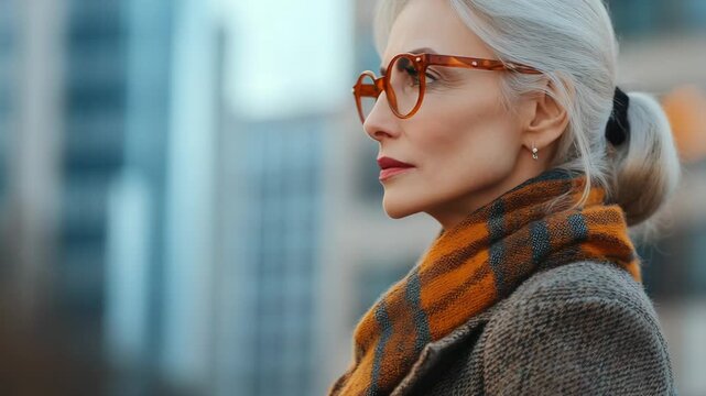 selective focus close up sophisticated woman in modern city standing confidently