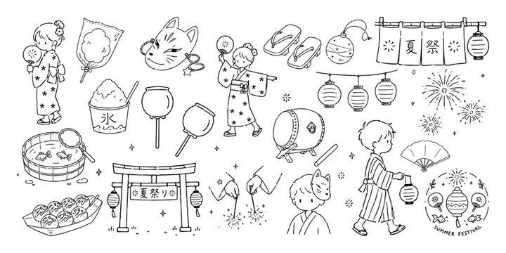  夏祭りモチーフの手描きイラストセット／Summer Festival Icon Set, Japanese Festival Elements