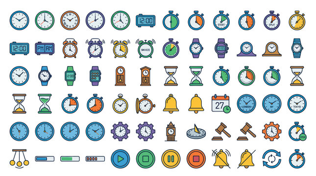 Time Icons Collection: Clocks, Watches, Stopwatches, Calendars, Hourglasses