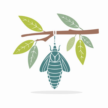 Insect pupa hanging from a tree branch with leaves