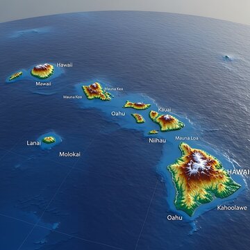 Colorful 3d Hawaiian Island Map Floating in Deep Blue Pacific Ocean
