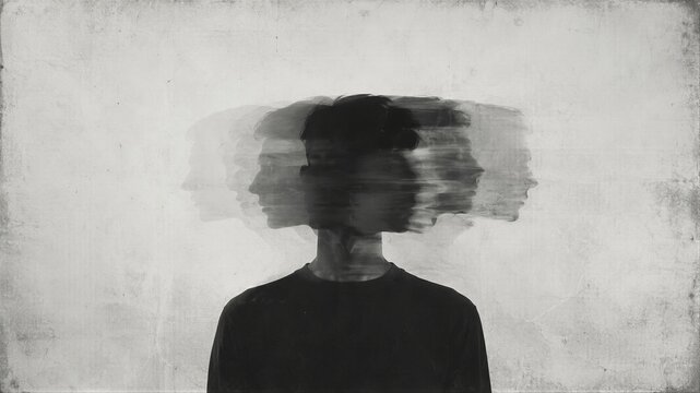 Man with multiple exposure head motion effect. Blurred portrait representing mental health struggle, anxiety and confusion. Psychological concept of identity and personality disorder