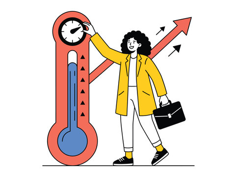 Business performance growth vector illustration, professional woman adjusting a large thermometer, rising arrow chart, corporate success and achievement concept