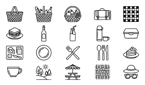 Picnic and Outdoor Dining Icons Vector Collection Bundle for Design
