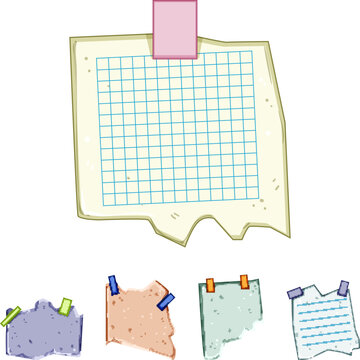 Different textured paper pieces, including squared and lined sheets, are affixed with colorful tape ready for messages, reminders, or creative designs on a white background