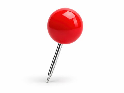 Single red push pin or thumbtack with shiny round head on white background.