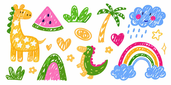 children s crayon drawings colorful giraffe and rainbow childrens watermelon crocodile cloud