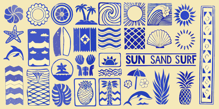 summer beach icons in blue monochrome vector style surfing sun sand waves